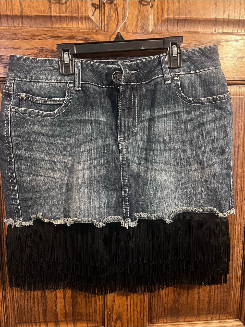 Wrangler Blue Denim Mini Skirt with Black Fringe